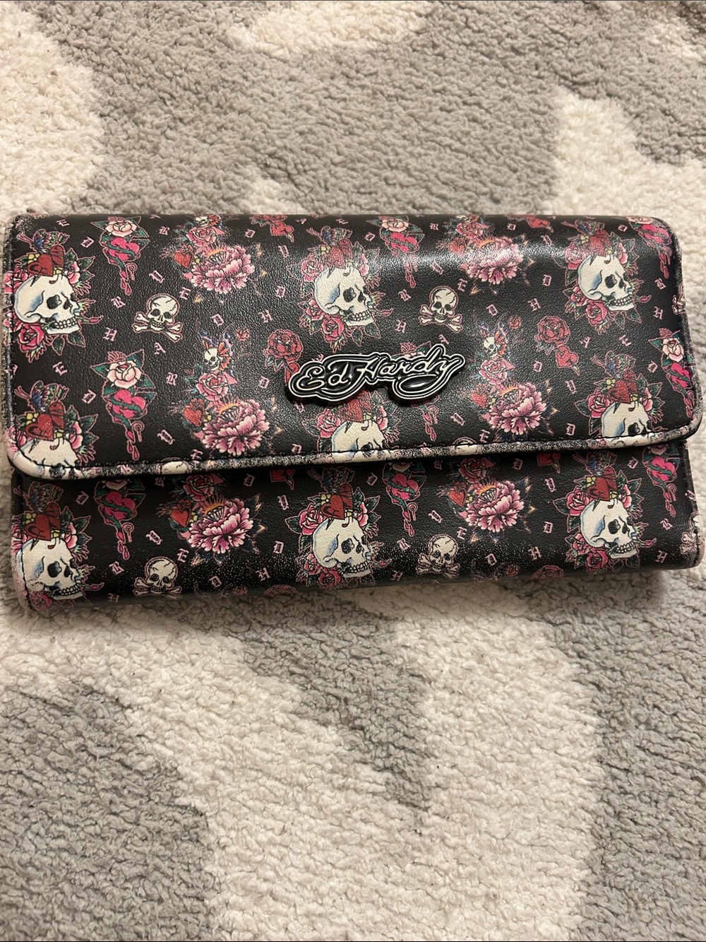 Ed Hardy Black Wallet with Pink Floral Skull Print